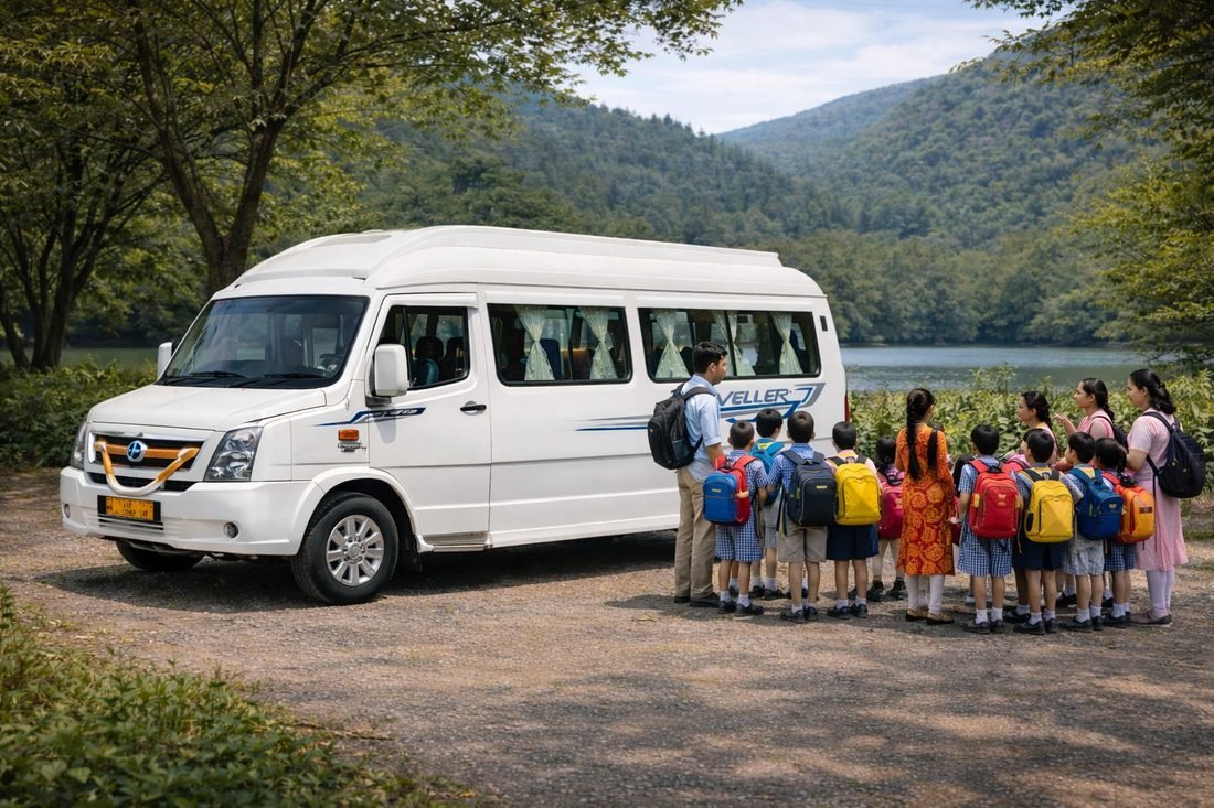 School children boarding a Basava Travels tempo traveller