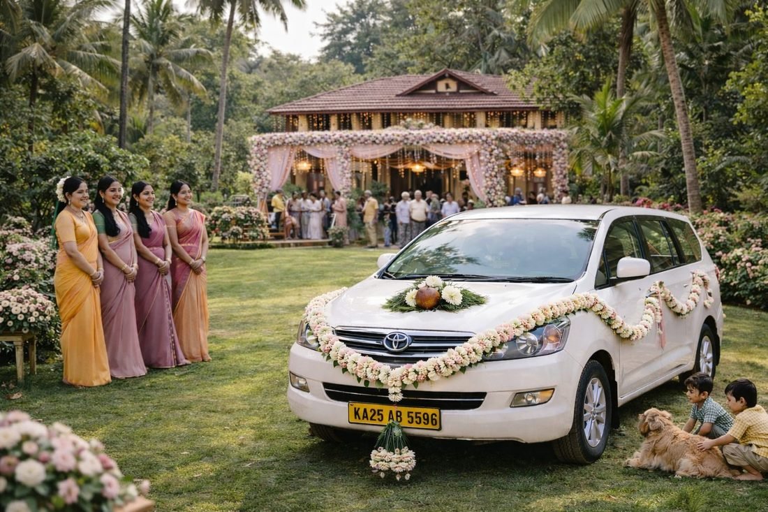 Decorated wedding car with guests at a wedding venue